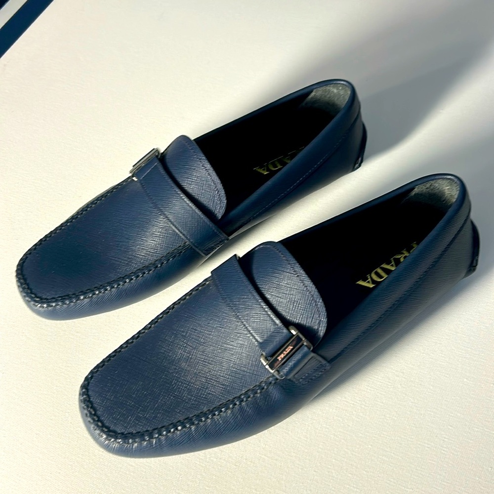 Prada Saffiano size 9 new blue leather loafers / drivers
